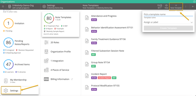 settings and add note